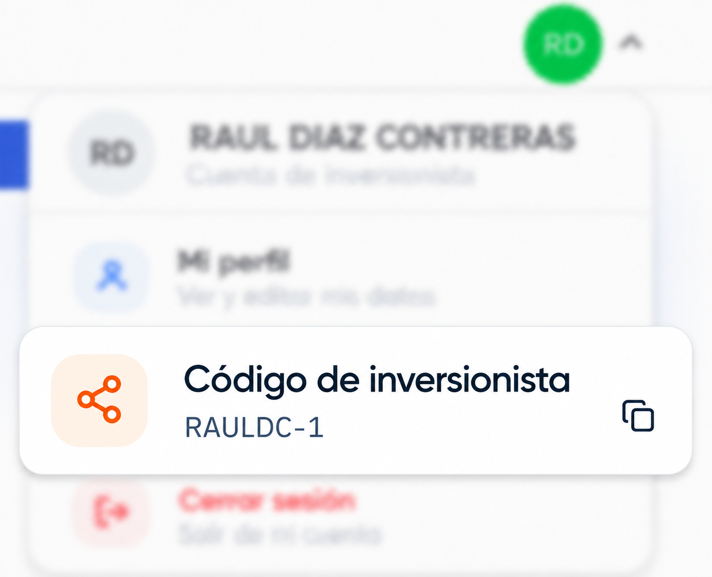 Código de inversionista en el perfil